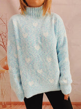 Load image into Gallery viewer, Heart Heathered Turtleneck Drop Shoulder Sweater
